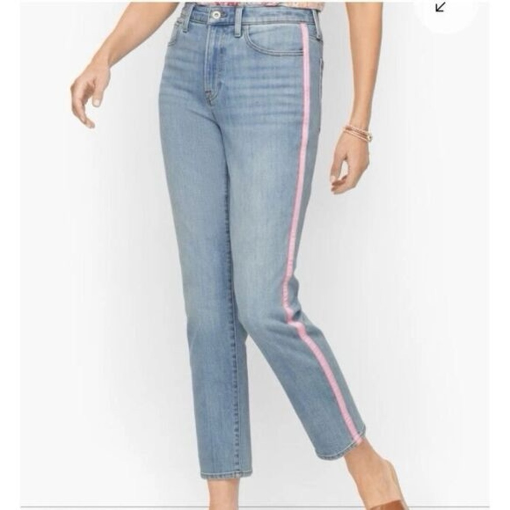 Talbots Modern Ankle Jeans Pink White Ribbon Trim Light Wash Sz 16 High Rise